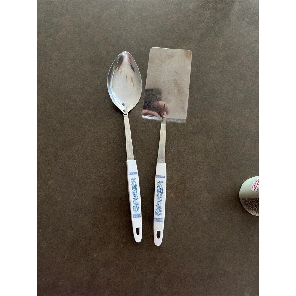Vintage Blue Onion Pattern Japan Stainless Steel Spatula Turner & Spoon